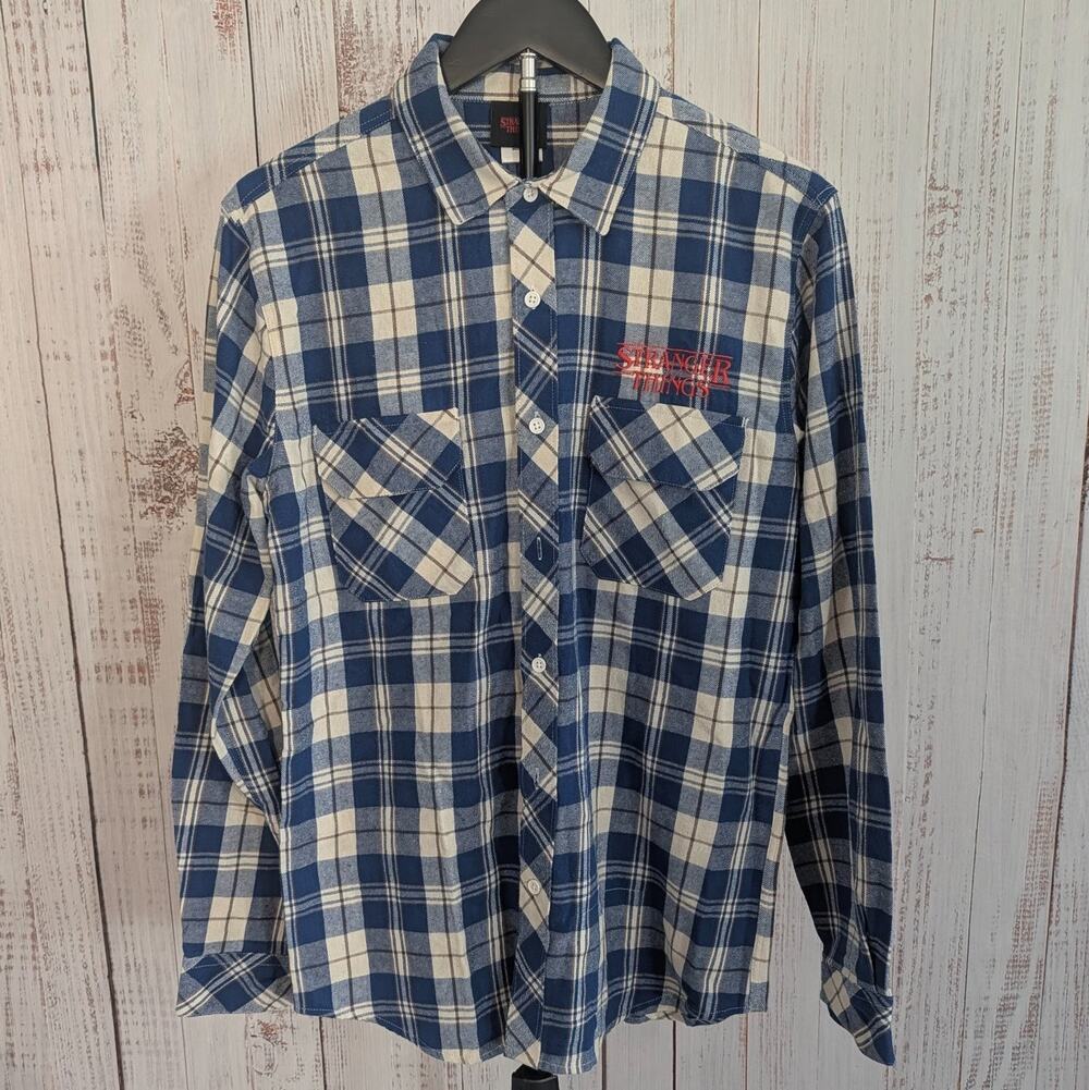 Stranger Things Flannel Shirt Small Blue White Plaid Embroidered Logo Cotton